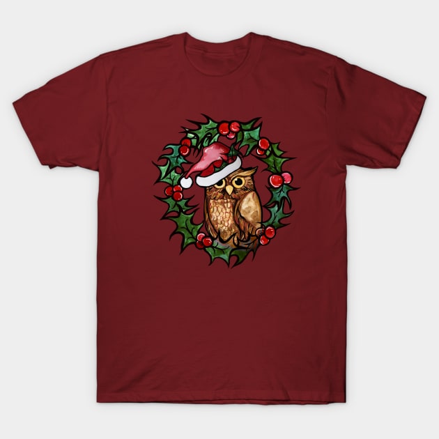 Christmas Owl With Cute Santa Hat and Wreath T-Shirt by bubbsnugg